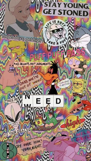 帶有大麻標語的迷幻拼貼畫中的卡通人物。