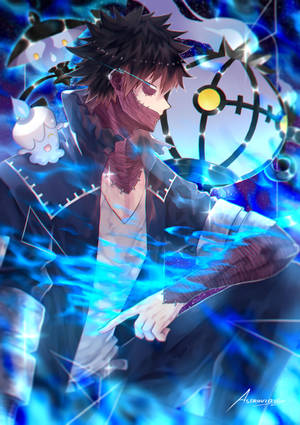 動漫男孩與發光藍色能量和幽靈同伴在宇宙場景中 — 荼毘 GIF 壁紙