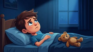 一個受驚的孩子在床上抱著泰迪熊，夜晚雨水落在窗外。