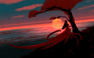 紅髮動漫女孩坐在海邊夕陽下的樹下。