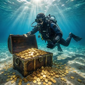 水肺潛水員在水下找到裝滿金幣的寶箱。
