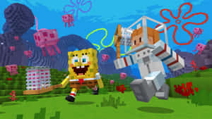 海綿寶寶和派大星以Minecraft風格在水下奔跑，伴有水母和珊瑚。