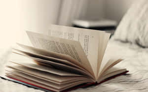 打開的書放在安靜房間裡柔軟床鋪上。