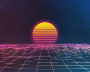 復古太陽在數位天空的發光網格地平線上升起