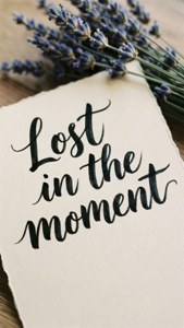 米色紙上以黑色草書寫著「Lost in the moment」，旁邊有乾薰衣草在木頭上。