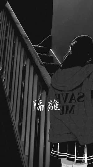 一個穿著連帽衫的女孩在夜晚爬上黑暗的樓梯，帶有中文字。