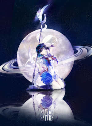 穿著水手服的動漫角色跪在太空中有土星環的月亮前。