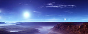 暮色中的外星山谷，太陽和月亮在霧氣瀰漫的山丘和河流之上。