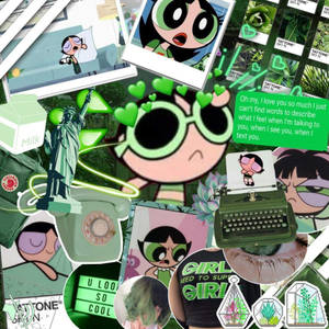 以綠色為主題的拼貼畫，包含 Powerpuff Girls、打字機和手寫訊息。