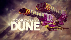 超現實的紫色和黃色太空船飛過星空，帶有 Jodorowsky's Dune 文字。