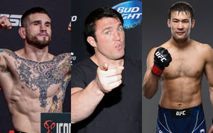 三位男性UFC拳手在活動中擺姿勢拍照。
