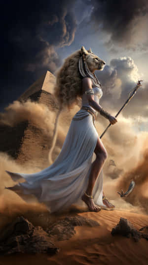 獅頭女神身穿白袍在風暴天空下在金字塔附近的沙漠中行走
