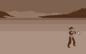 牛仔在沙漠山景中開槍射擊