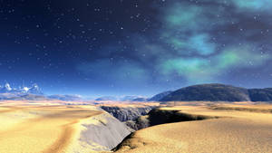繁星點點的夜晚，極光籠罩沙漠峽谷和積雪的山峰。