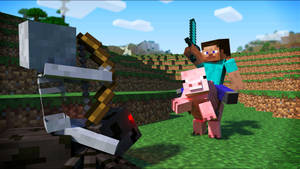 Minecraft玩家騎豬在草地上用劍與骷髏戰鬥