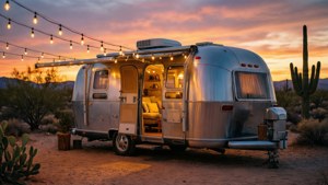 銀色Airstream拖車停在沙漠中，夕陽西下，串燈和敞開的門展示舒適的內部。