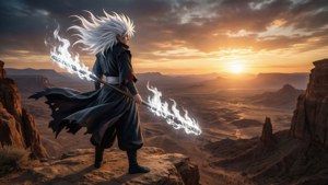 白髮動漫戰士在日落時分的峽谷懸崖上手持火焰法杖。