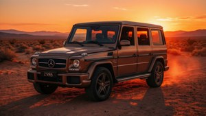 青銅色Mercedes G-Class SUV在沙漠夕陽下停泊