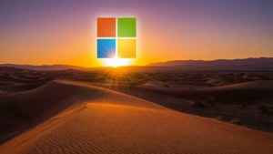 Microsoft 標誌在日落時分沙漠沙丘上閃耀