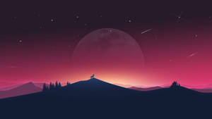 粉紅月亮和星星下的山頂狼剪影
