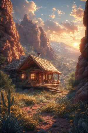 沙漠峽谷中的舒適木屋，金色夕陽，窗戶透出溫暖燈光