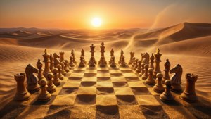 棋子排列在沙漠日落中的棋盤上。 — 國際象棋 壁紙