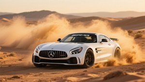 白色Mercedes AMG GT在沙漠沙丘中疾馳揚起沙塵。