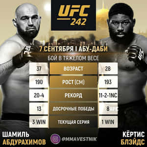 UFC 242拳手對戰海報，附有統計數據和阿布扎比活動詳情。