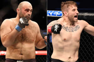 八角籠內兩名男性MMA拳手，一人滿臉鮮血，另一人紋身胸膛咆哮。