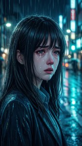 一個在夜晚霓虹燈閃爍的城市街道上雨中哭泣的動漫女孩。 — iPhone 8 Plus 壁紙