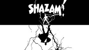 黑白漫畫藝術，描繪超級英雄、閃電和「SHAZAM」字樣