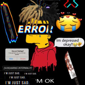 紅色連帽衫嘅卡通角色被抑鬱主題嘅數碼元素同血淋淋嘅刀包圍。