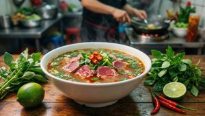 一碗熱氣騰騰的牛肉湯，配以香草和辣椒，放在木桌上，旁邊有青檸和紅辣椒。