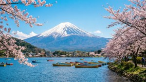 春天湖上的富士山、櫻花和船隻
