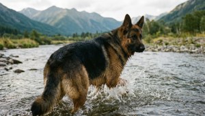 德國牧羊犬在淺淺的山間溪流中行走。 — 德國牧羊犬 壁紙