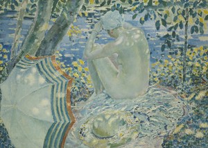 弗雷德里克·卡爾·弗里塞克（Frederick Carl Frieseke）約於1915年創作的油畫《河畔》。下載這幅藝術作品作為桌面、平板或手機的高解像度桌布。
