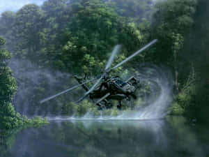 軍用直升機盤旋於叢林河流上方激起水霧 — 森林 壁紙