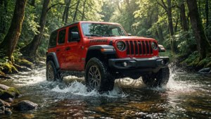 紅色Jeep Wrangler在森林溪流中行駛，水花四濺。