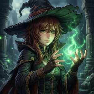 戴破舊帽子的年輕女巫在古老石廢墟中引導綠色魔法