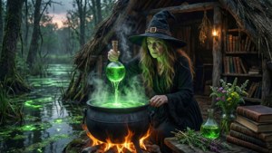 女巫在森林小屋中將發光綠色藥水倒入火上的大鍋