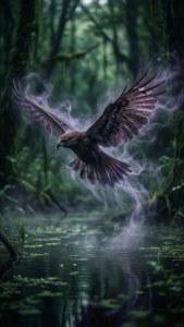 一隻神秘鳥兒在沼澤森林池塘上滑翔穿過薄霧。