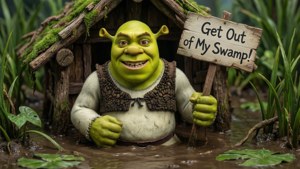 史力加喺沼澤舉住一個寫住 get out of my swamp 嘅牌