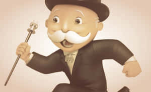 Mr. Monopoly身穿黑色西裝和高帽，手持枴杖奔跑。