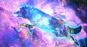 一頭發光的狼穿過色彩繽紛、佈滿星星的星雲奔跑。