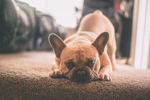 一隻淺黃褐色法國鬥牛犬躺在棕色地毯上看著相機。