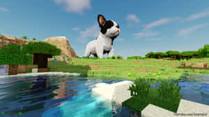一隻像素化的法國鬥牛犬站在Minecraft風格景觀中的水池旁。