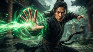 武術家在古老庭院中釋放綠色能量