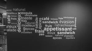 黑色牆壁上有白色法文食物詞語，如cafe和sandwich，在咖啡館中。