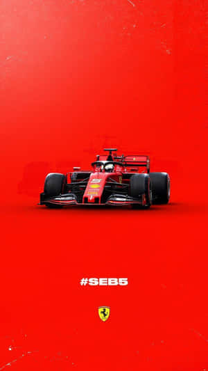 紅色法拉利F1賽車，車手為Seb Vettel，置於帶有標籤和標誌的紋理紅色背景上。