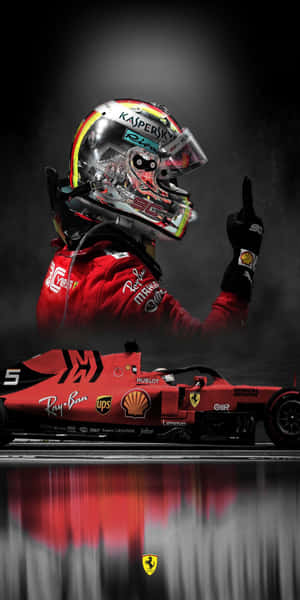 穿著紅色裝備的F1車手在濕滑賽道上指向他紅色法拉利賽車的上方。 — 4K 法拉利 壁紙